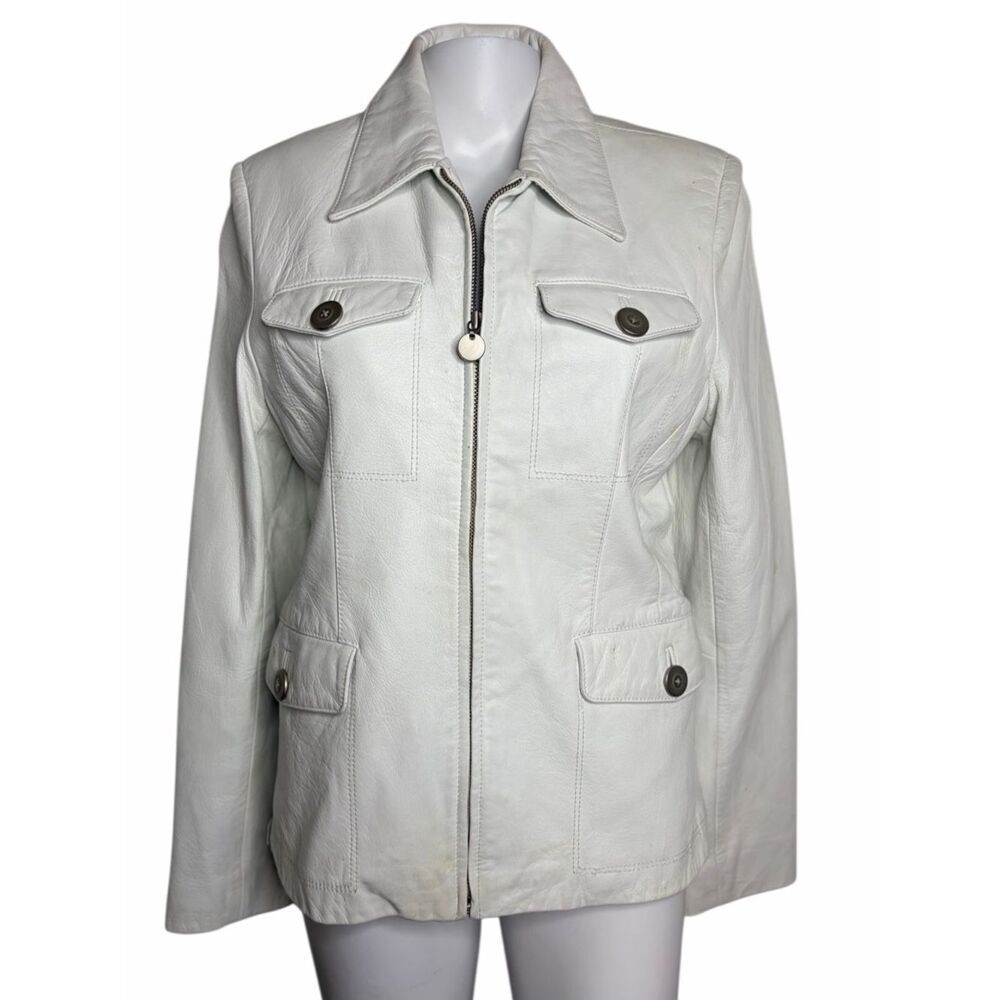Colebrookβ& Co. Women's White Leather Zip Front Jacket Size Small